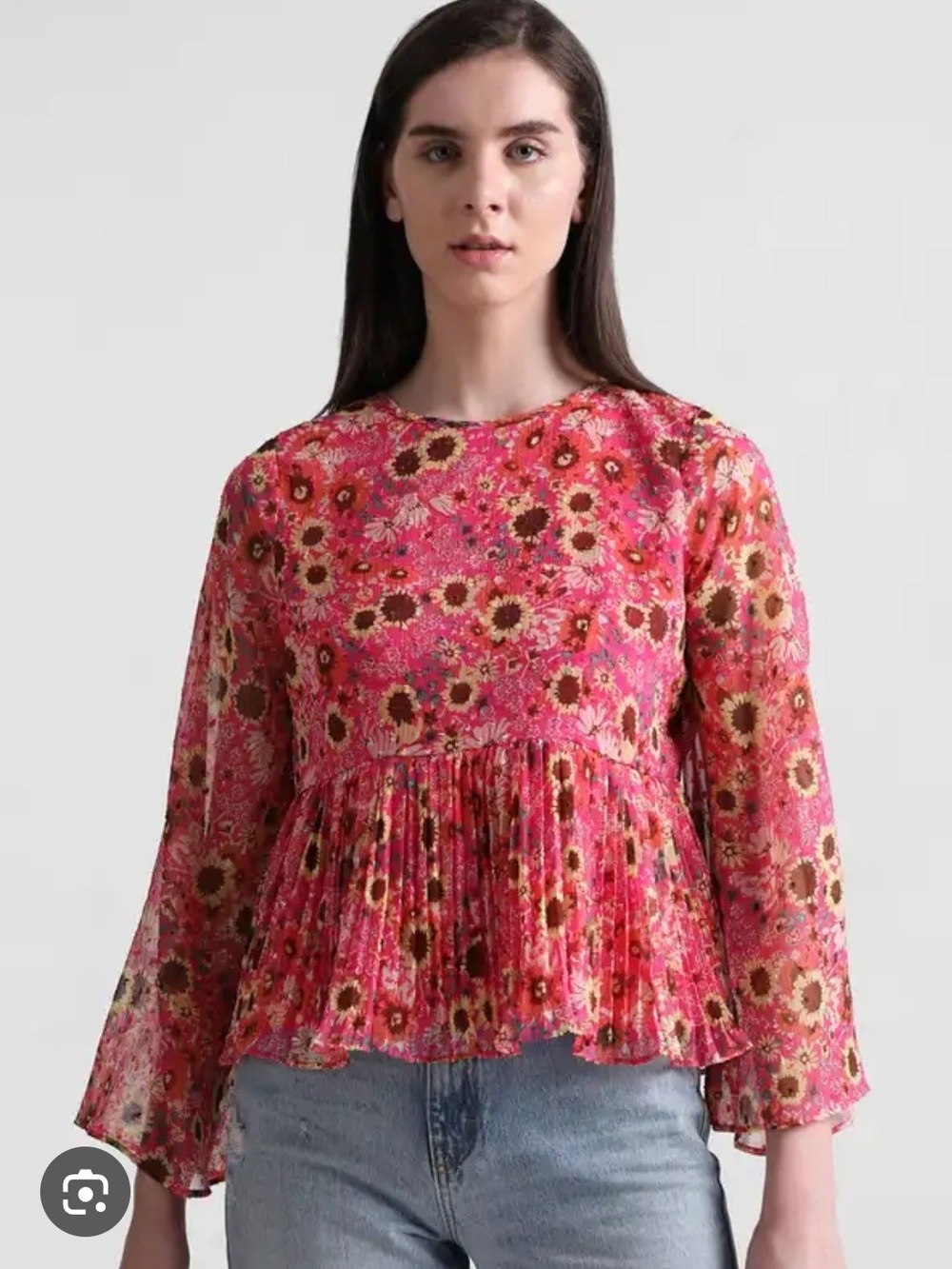 Only Women's Pink Floral Pleated Peplum Long-Sleeve Top